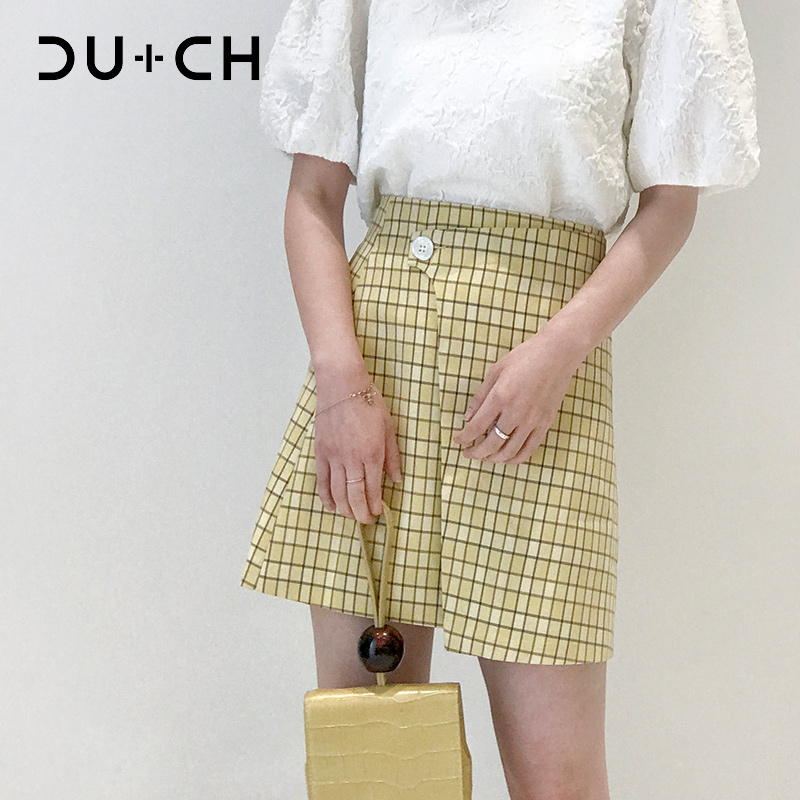  CU+CH夏季女时尚高腰A字不对称格纹裙装半身短裙子CB236398