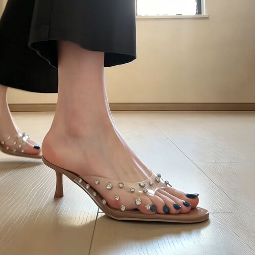 「卡鹿莉 KLULI」法式水钻透明一字拖女外穿细跟露趾高跟凉拖鞋女