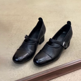 「卡鹿莉 KLULI」圆头一字带粗跟软面舒适百搭日常外穿显瘦女单鞋