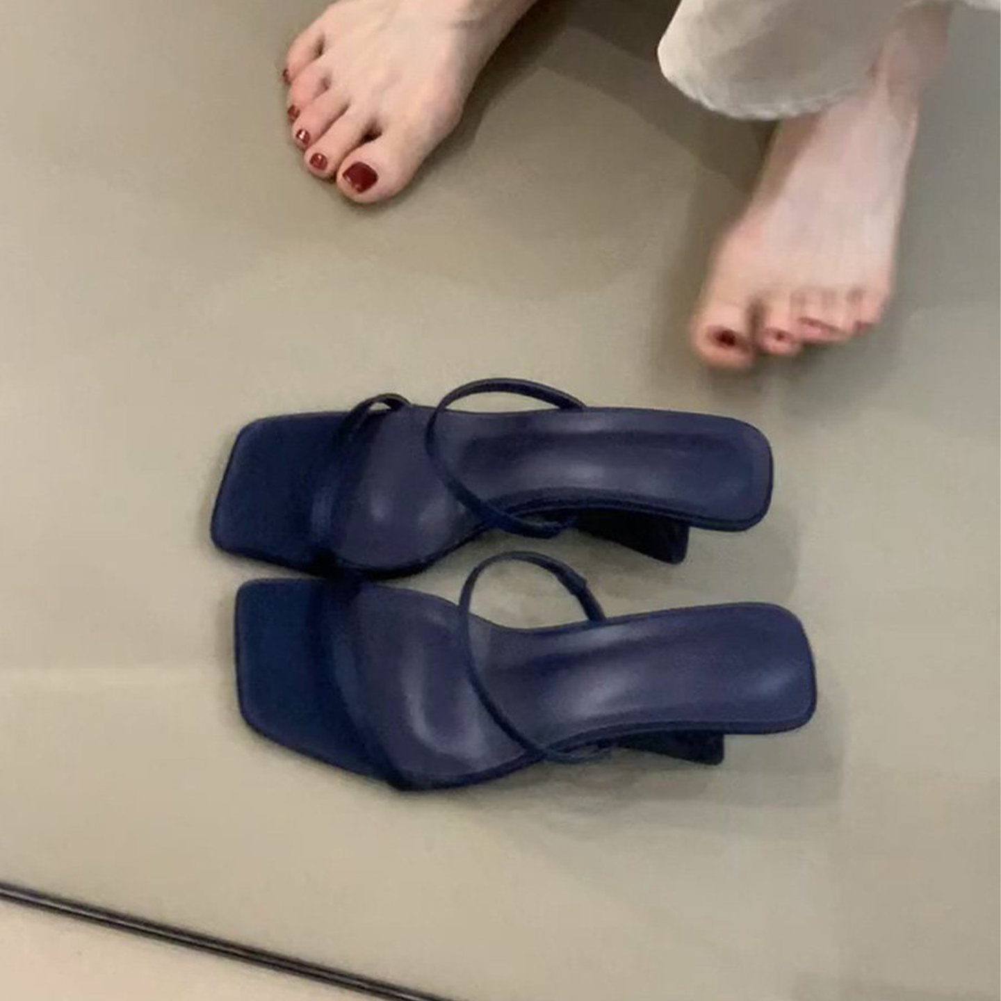 「卡鹿莉 KLULI」方头气质一字带高跟凉鞋女百搭配裙子坡跟凉拖鞋