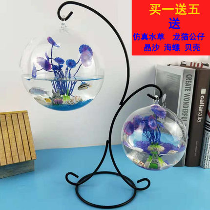 创意摆件家居装饰斗鱼缸小型迷你办公桌面圆形悬挂金鱼缸透明玻璃
