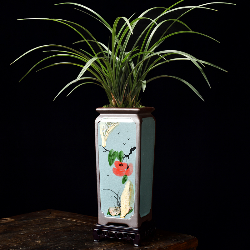 中国风青瓷手绘兰花专用花盆陶瓷四方形高款紫砂绿植哥窑盆景盆大