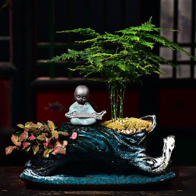 新中式禅意花盆创意小和尚文竹盆景家用绿植盆栽多肉植物陶瓷花盆