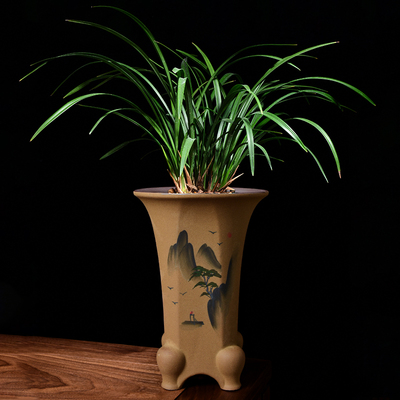 紫砂花盆中国风手绘兰花专用造景盆中式客厅迎客松盆景盆高款大号