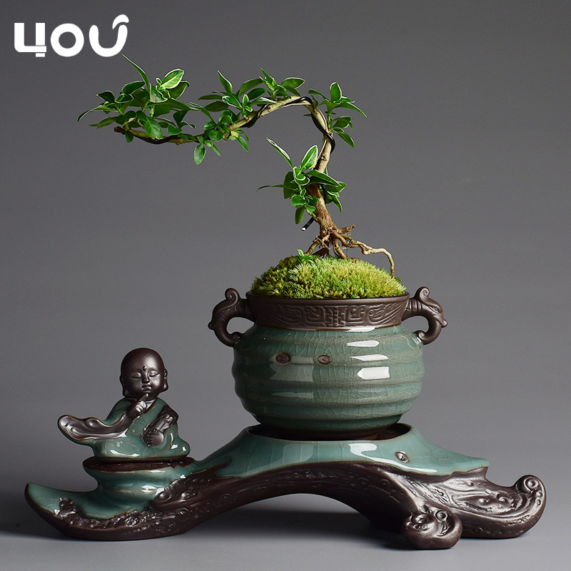 哥窑花盆禅意组合陶瓷紫砂创意文竹盆景盆栽小和尚家用客厅摆件