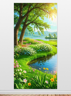 一路生花自粘画春日风光装饰画青山大树贴画治愈系绿色自然风景画