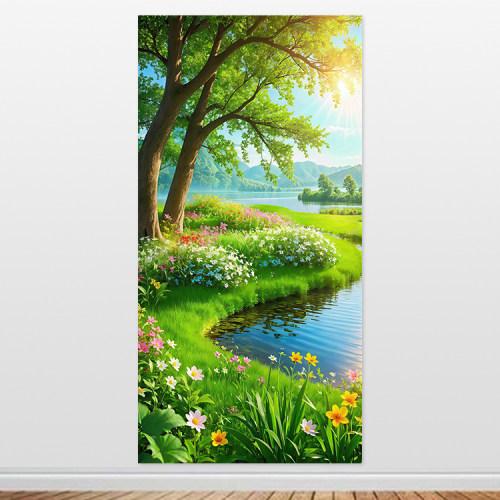 一路生花自粘画春日风光装饰画青山大树贴画治愈系绿色自然风景画