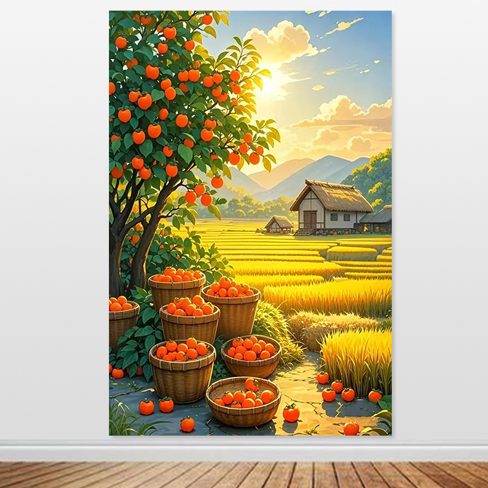 柿柿如意自粘画事事如意挂画客厅风水画金色麦田丰收图贴画装饰画图片
