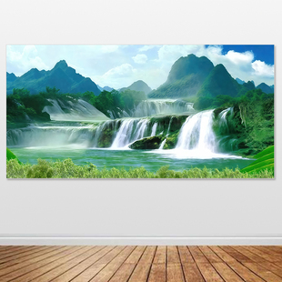 山水瀑布装饰画餐厅客厅挂画流水生财湖水青山绿水山水风景自粘画