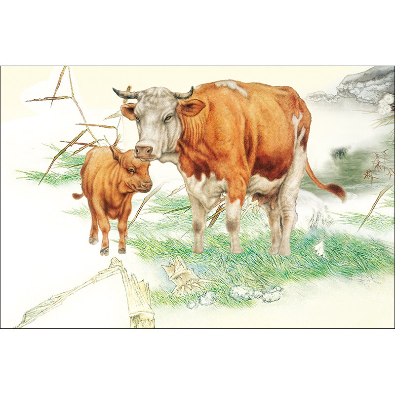 母子牛装饰画两头牛母牛自粘贴墙画福牛家居风水子挂画横版有框定