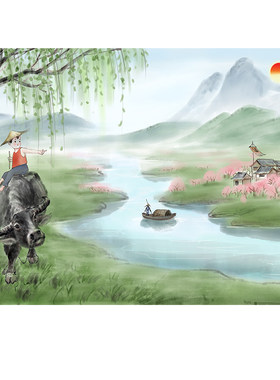 春牛图新居装饰画牧童放牛年画骑牛图案乔迁春天美景日出贴墙画