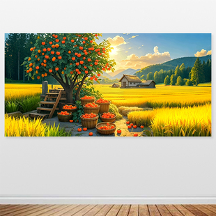 丰收图自粘画柿子丰收事事如意稻田横版贴墙画田园风光装饰画定制