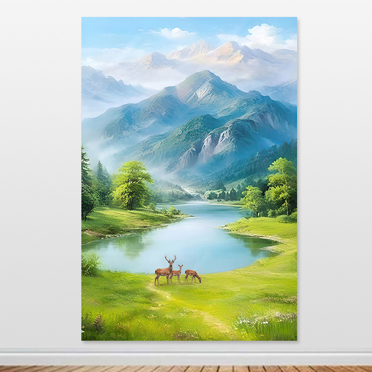 流水生财山水画背景墙贴画聚宝盆风景画靠山图金山自粘画画芯定制