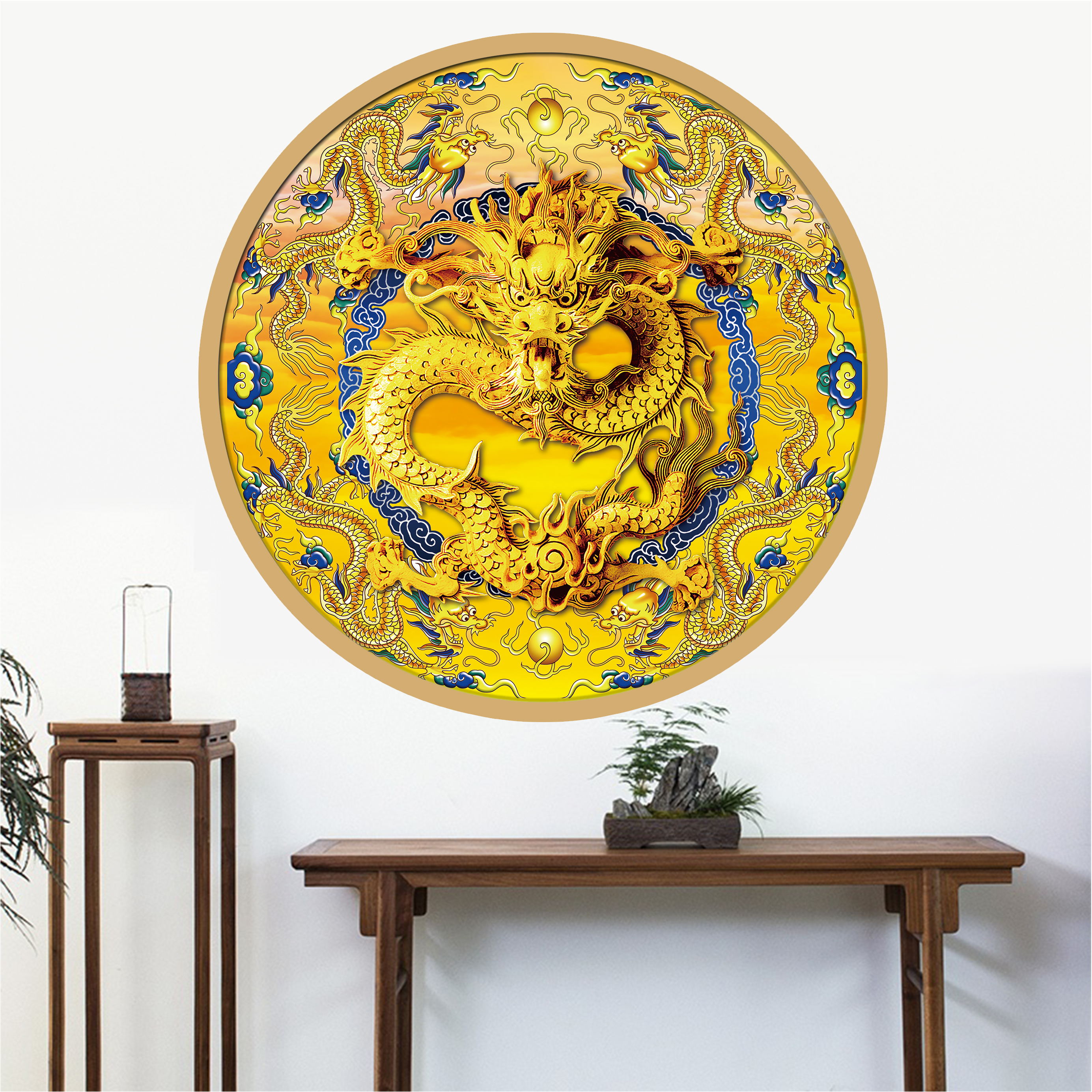 圆形金龙自粘画中国风龙图吉祥富贵装饰画风水背景墙龙图贴画定制