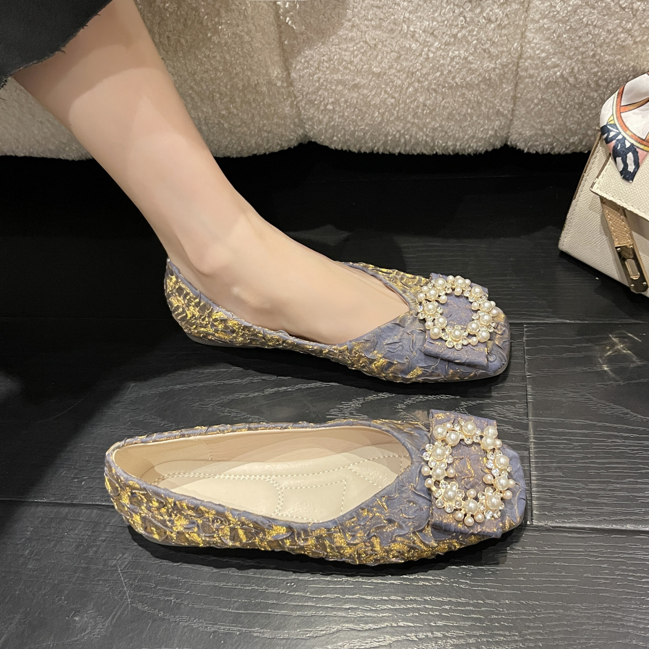 法式高级感单鞋女平底鞋2024春季新款方头浅口仙女瓢鞋软底豆豆鞋,女鞋,浅口单鞋,淘宝优惠券,粉丝福利购,淘宝优惠卷