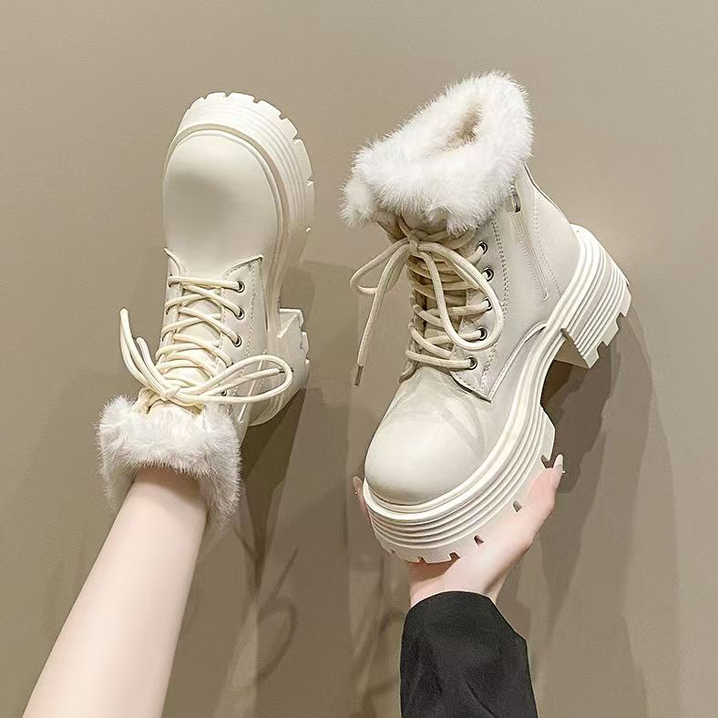 毛领防滑雪地靴加绒马丁靴棉鞋