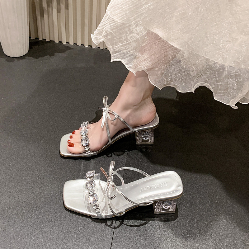 水钻粗跟凉鞋女夏气质透明高跟鞋2025新款仙女法式凉单鞋外穿拖鞋