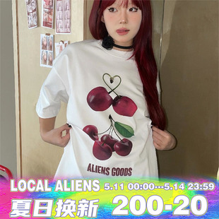 春日少女短袖 local cherry aliens外星沙龙 樱桃印花宽松t恤半袖