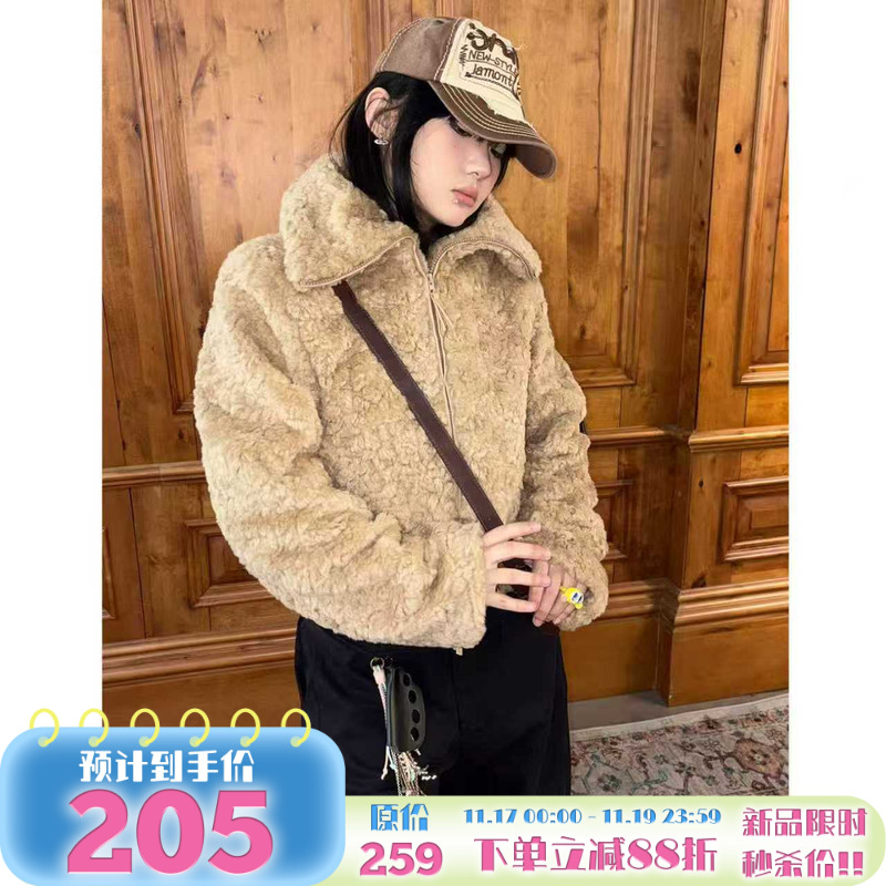 翻领毛毛短外套宽松保暖棉服