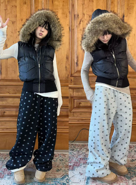 local aliens外星沙龙美式复古星星满印卫裤加绒保暖宽松休闲长裤