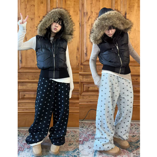 local aliens外星沙龙美式复古星星满印卫裤加绒保暖宽松休闲长裤