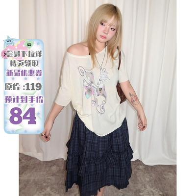 雪花棉微透印花短袖斜肩罩衫