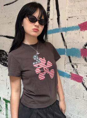 local aliens外星沙龙美式复古[米奇快跑]水洗印花正肩百搭短袖女