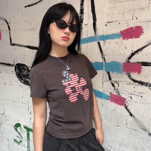 local aliens外星沙龙美式复古[米奇快跑]水洗印花正肩百搭短袖女