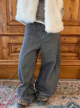 local aliens外星沙龙美式复古细条纹弯刀牛仔裤百搭显瘦阔腿长裤