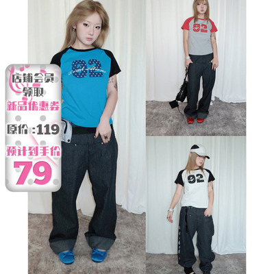 撞色字母波点印花圆领宽松短袖