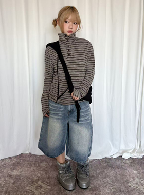 local aliens外星沙龙美式复古条纹撞色长袖t恤宽松百搭打底衫