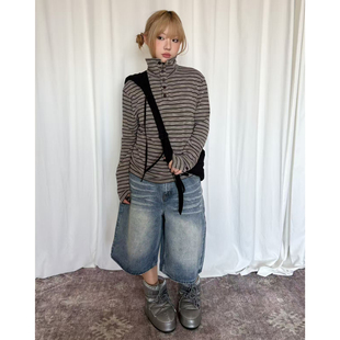 t恤宽松百搭打底衫 复古条纹撞色长袖 aliens外星沙龙美式 local