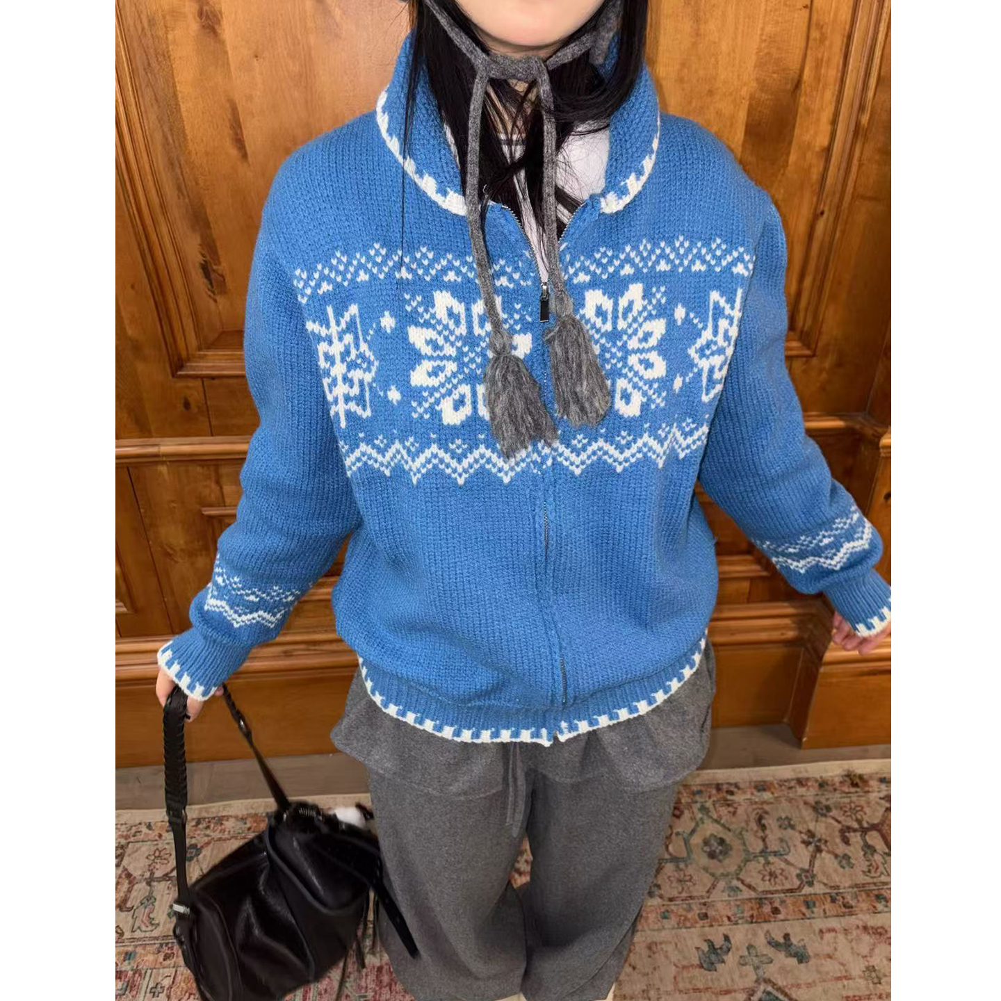 蓝色提花针织开衫费尔岛毛衣