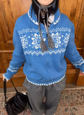 local aliens外星沙龙美式复古蓝色提花针织开衫慵懒感费尔岛毛衣