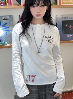 local aliens外星沙龙美式复古梵文印花竹节棉长袖T恤亨利打底衫