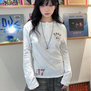 local aliens外星沙龙美式复古梵文印花竹节棉长袖T恤亨利打底衫