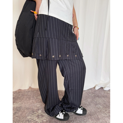 条纹铆钉裤裙叠穿假两件宽松西裤