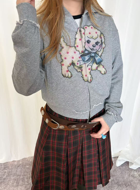 local aliens外星沙龙美式复古可爱小狗印花短外套宽松连帽卫衣