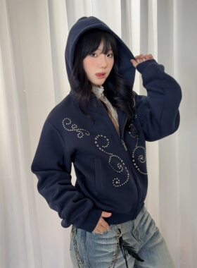 local aliens外星沙龙美式复古重工铆钉短外套休闲宽松拉链卫衣