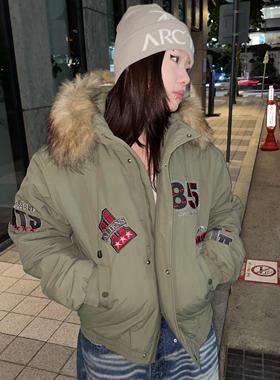 local aliens外星沙龙美式复古贴布刺绣徽章棉服外套毛领派克服