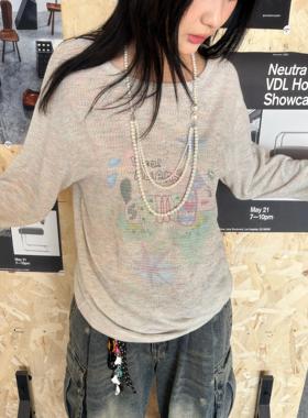 local aliens外星沙龙美式复古彩纱弹簧小狗罩衫休闲宽松长袖T恤