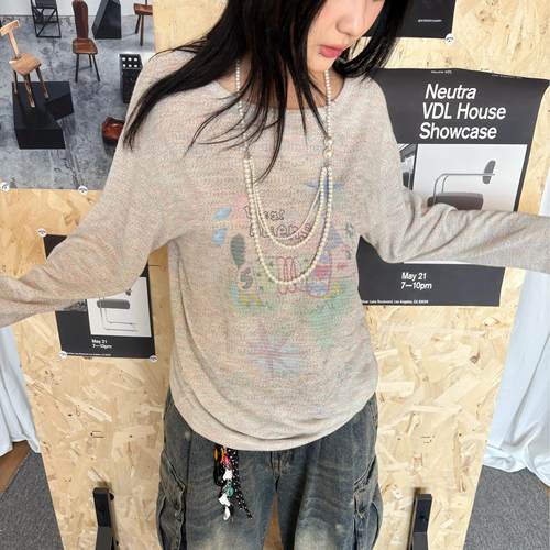 local aliens外星沙龙美式复古彩纱弹簧小狗罩衫休闲宽松长袖T恤