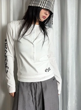 local aliens外星沙龙复古假两件长袖T恤字母印花修身打底上衣女