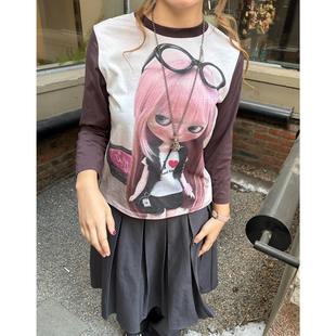 拼接七分袖 复古大头娃娃印花短袖 t恤 aliens外星沙龙美式 local