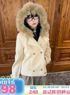 local aliens外星沙龙美式复古双排扣毛呢大衣韩系连帽毛领外套女