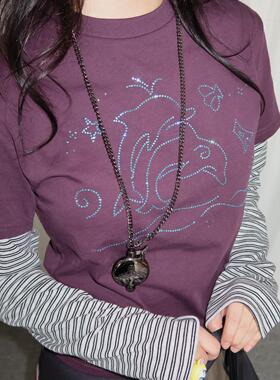 local aliens外星沙龙美式复古烫钻假两件长袖T恤条纹显瘦短内搭