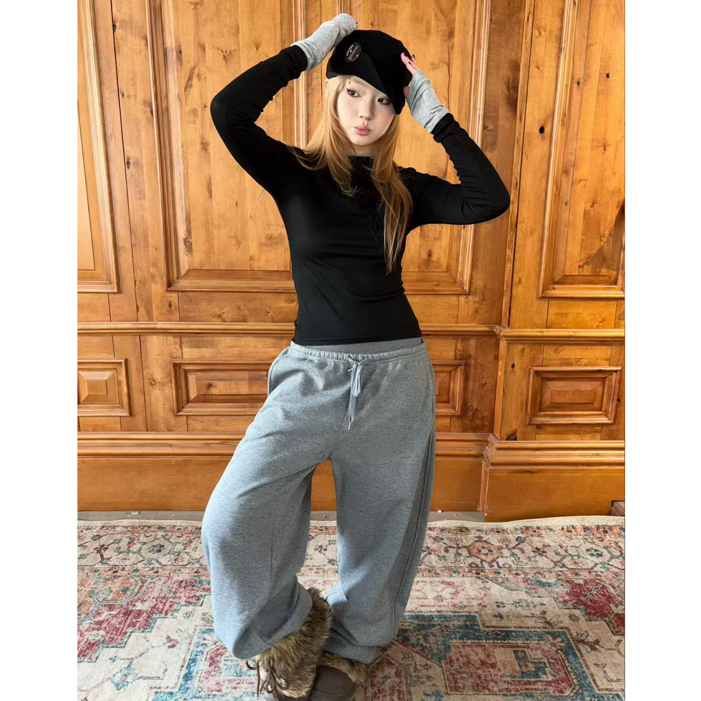 local aliens外星沙龙美式复古灰色松紧加绒卫裤百搭宽松弯刀裤,女装/女士精品,卫裤,淘宝优惠券,粉丝福利购,淘宝优惠卷