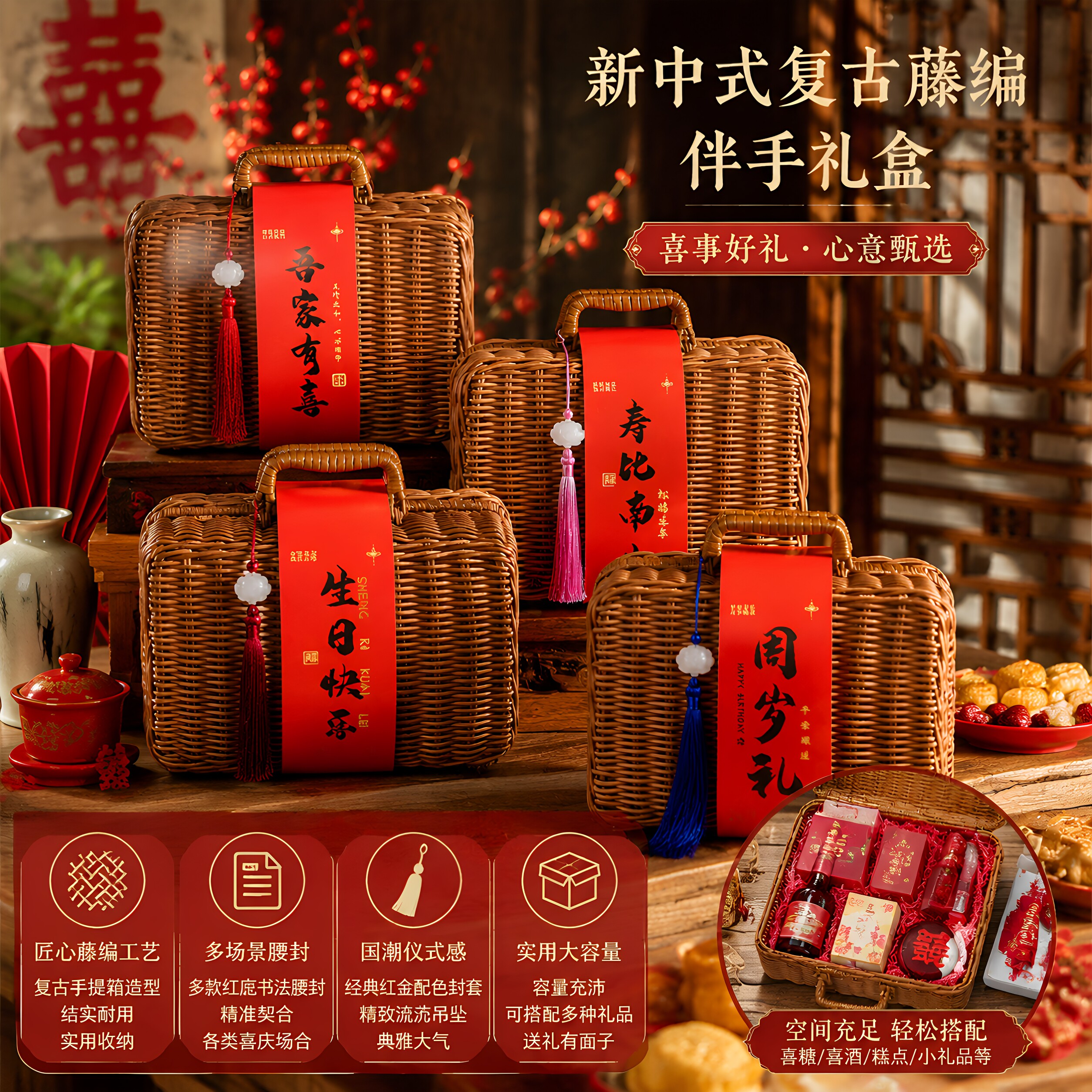 新中式复古藤编手提礼盒图片