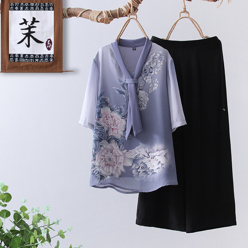 中国风雪纺套装妈妈夏装40岁50休闲时尚中老年女士短袖上衣两件套