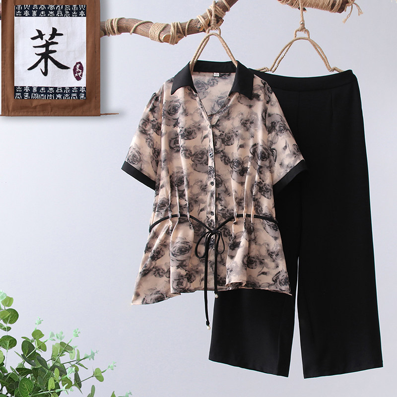 中年妈妈夏装套装洋气新款时尚气质中老年女士夏季短袖上衣两件套